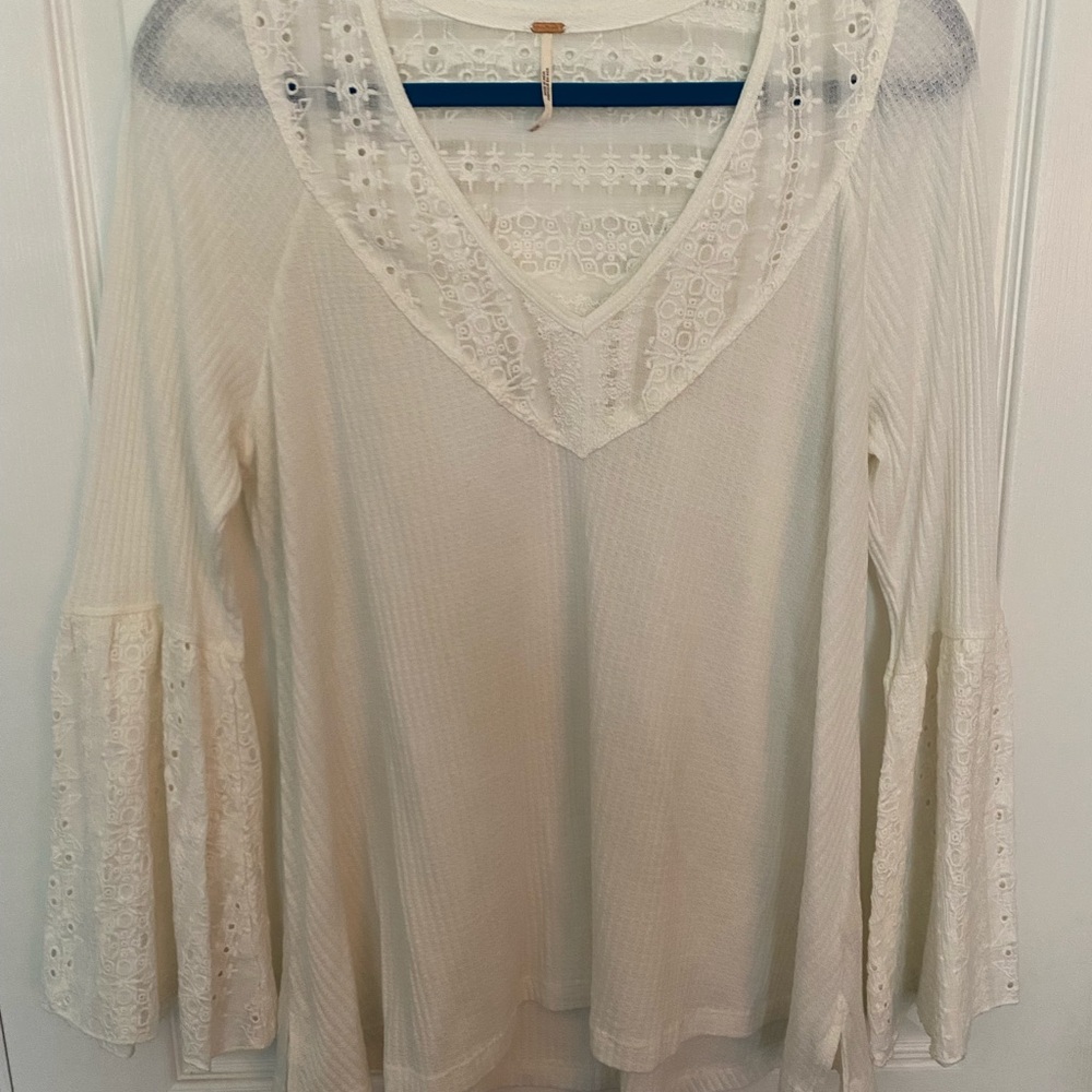 Free People White Eyelet Lace Trim Bell Long Sleeve Top